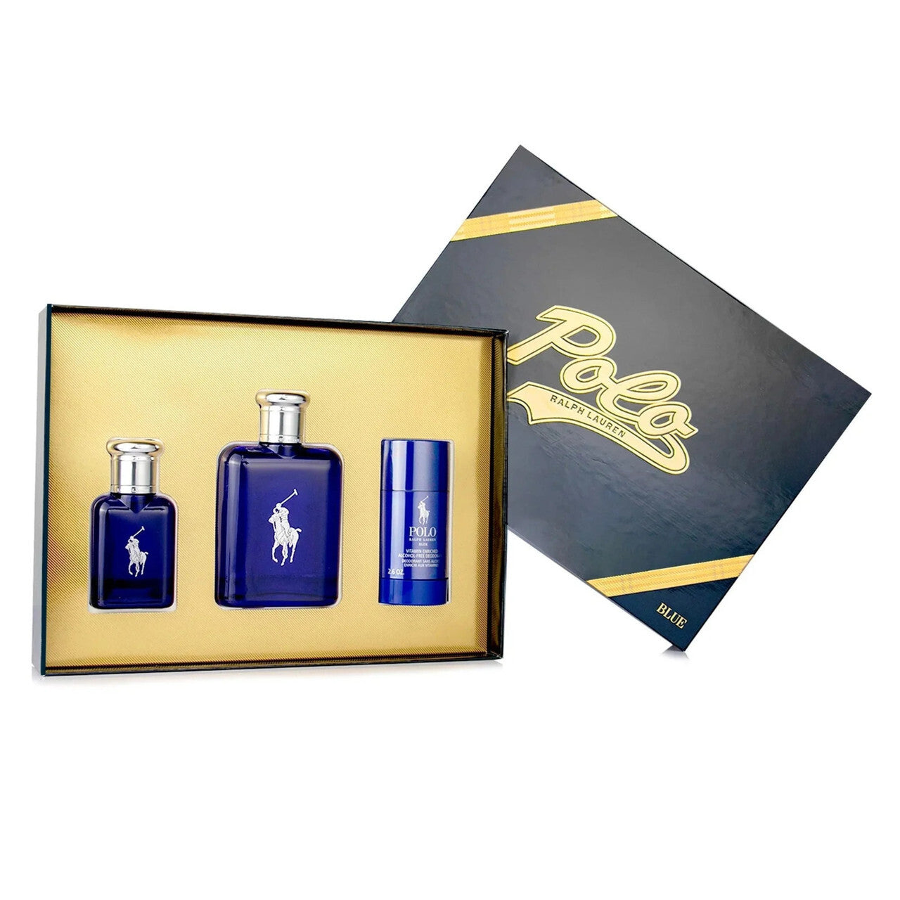 Polo blue 3 pcs set for men: 4.2 eau de toilette spray + 1.36 eau de toilette spray + 2.6 deodorant stick